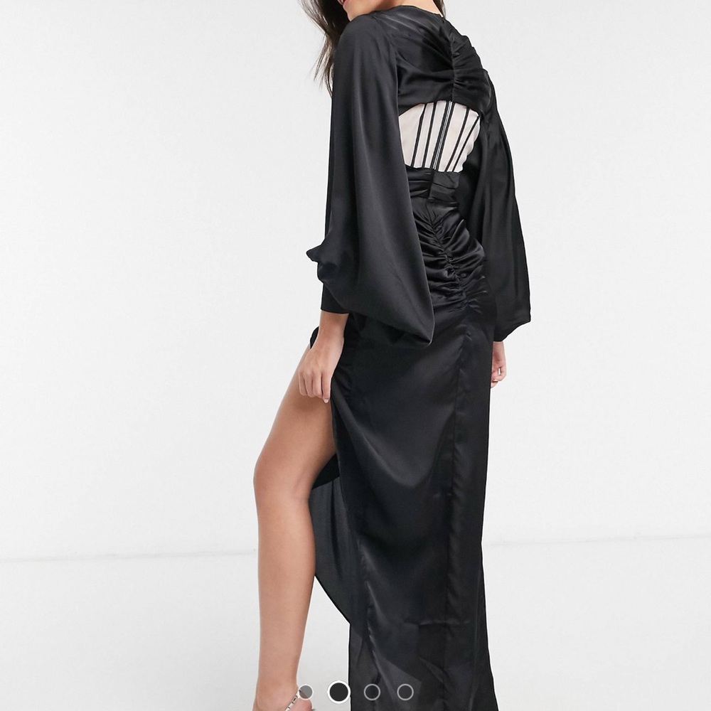 Balloon sleeve black gown with sheer corset